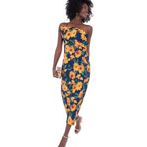 Tuckernuck Navy Strapless Midi Dress with Yellow Floral Print